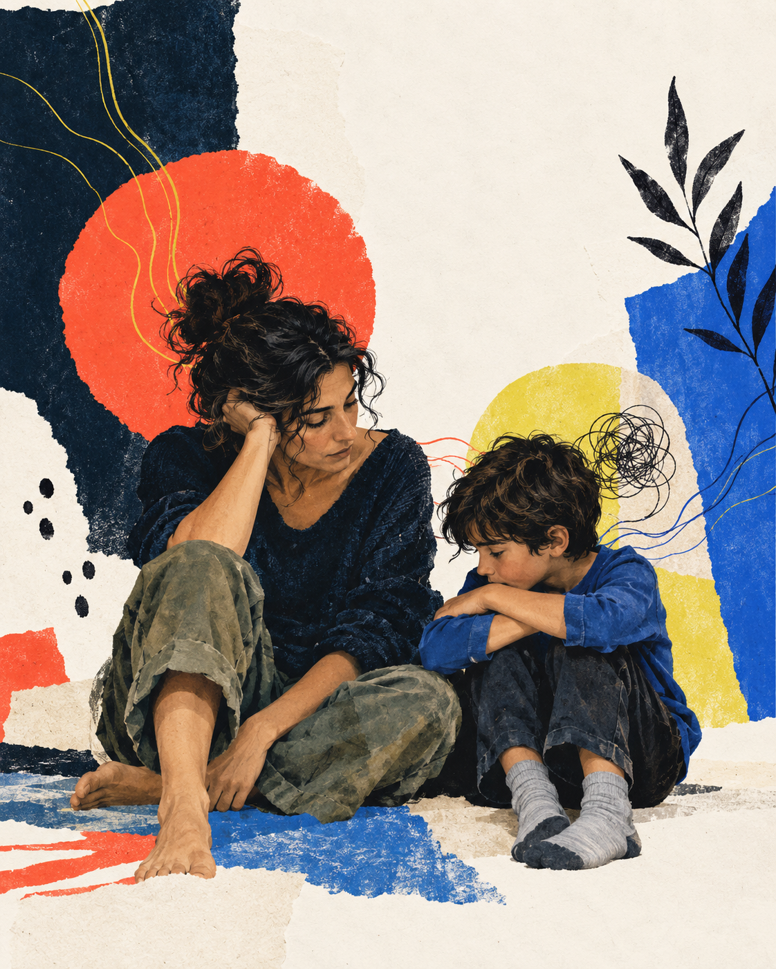 Editorial illustration of a parent and child sitting together after a difficult moment